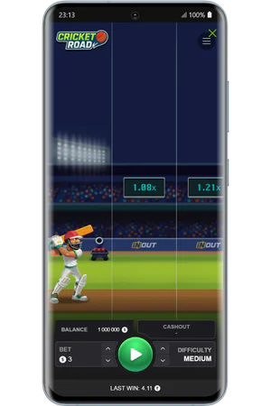 Schermata di gioco Cricket Road con battitore e moltiplicatori